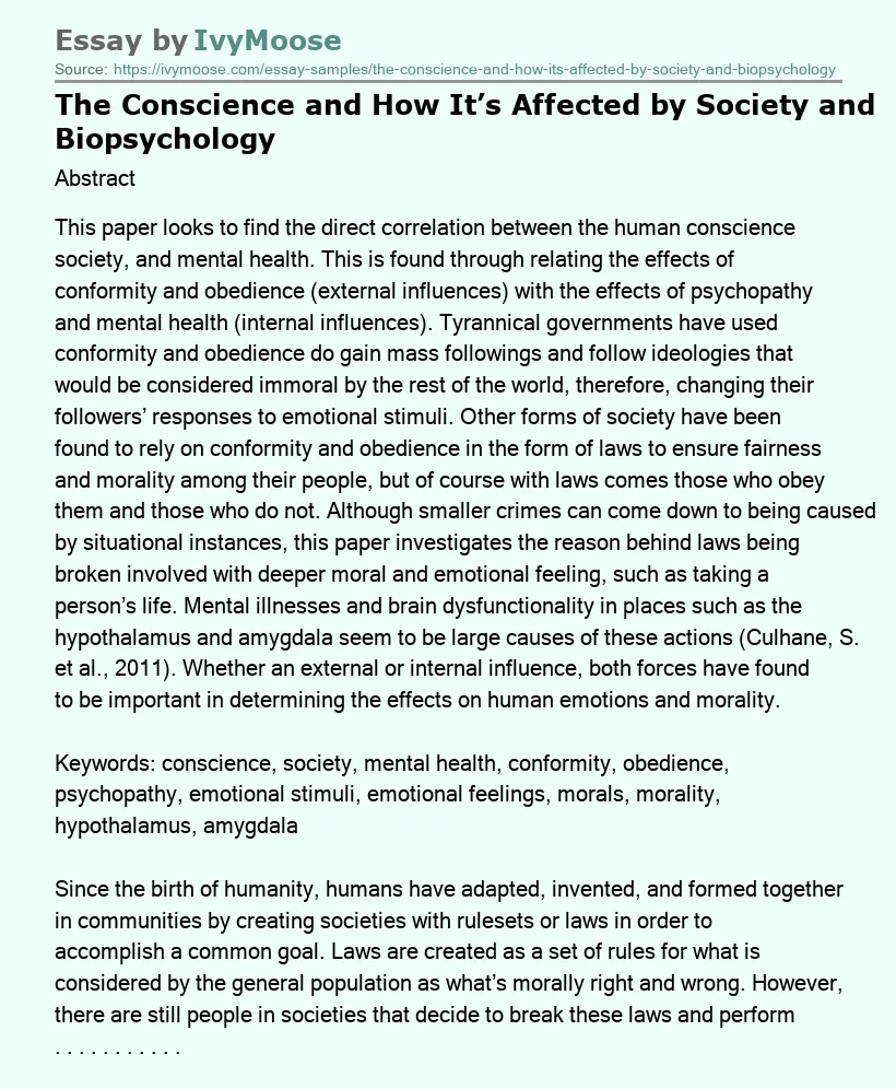 The Conscience and How It’s Affected by Society and Biopsychology