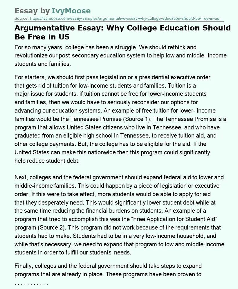 Argumentative Essay: Why College Education Should Be Free in US