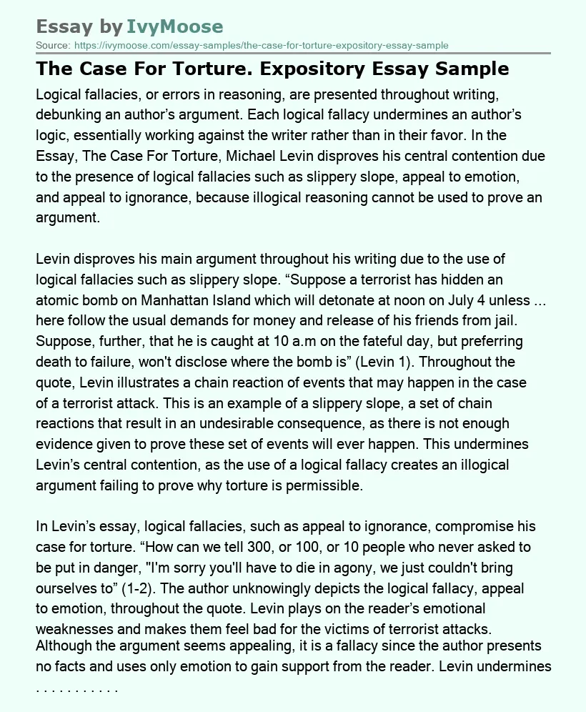 The Case For Torture. Expository Essay Sample
