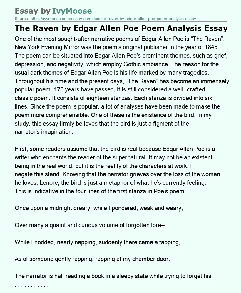 The Raven by Edgar Allen Poe Poem Analysis Essay
