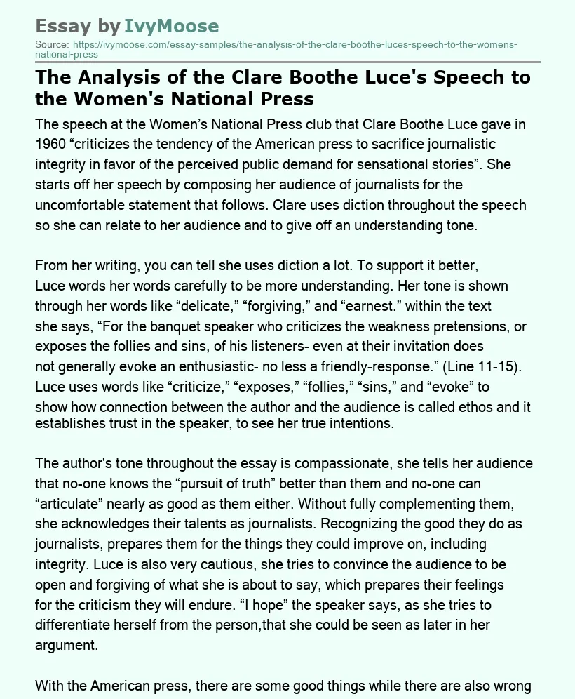 The Analysis of the Clare Boothe Luce's Speech to the Women's National Press