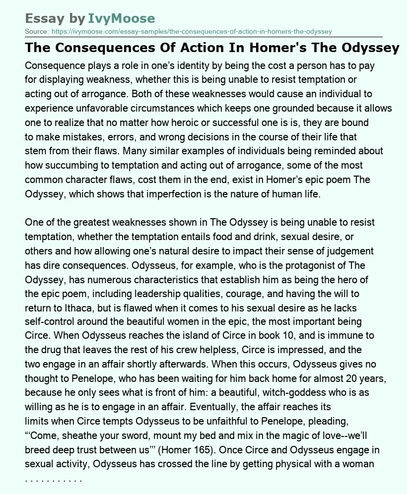 The Consequences Of Action In Homer's The Odyssey