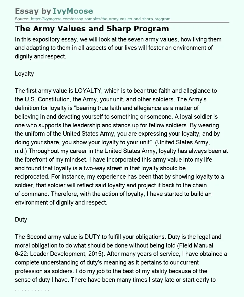 The Army Values and Sharp Program