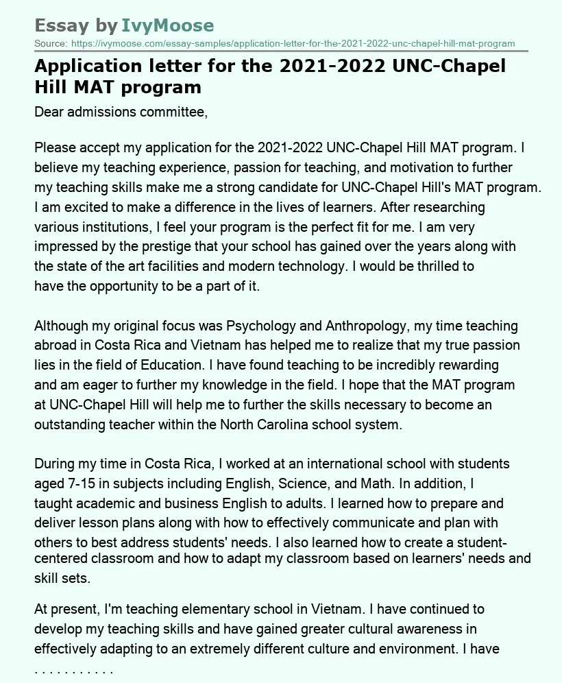 Application letter for the 2021-2022 UNC-Chapel Hill MAT program
