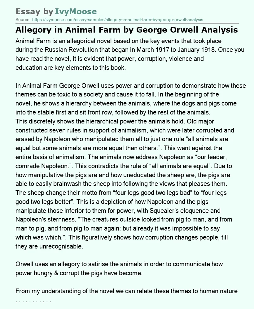 Allegory in Animal Farm by George Orwell Analysis
