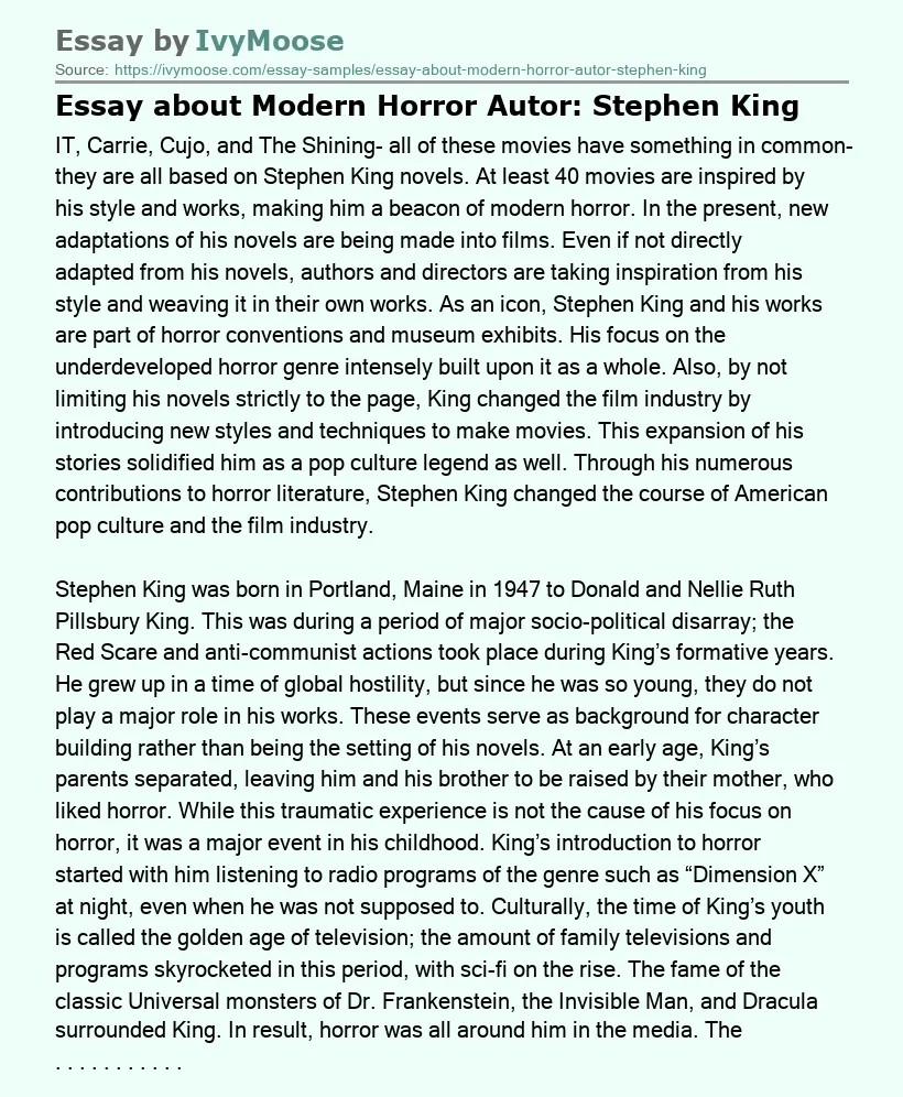 Essay about Modern Horror Autor: Stephen King
