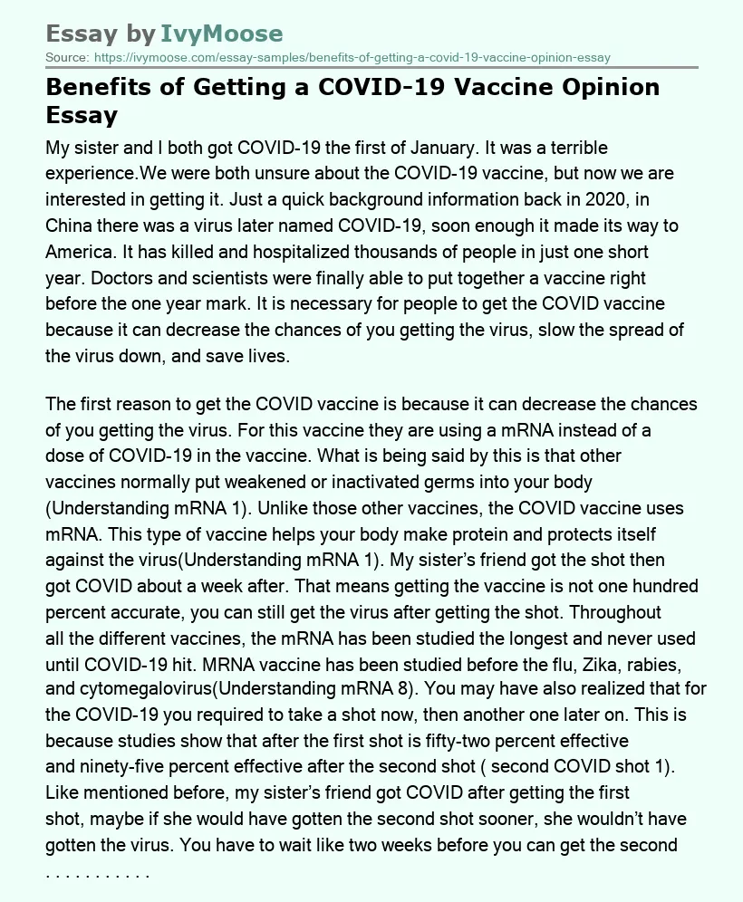 Benefits of Getting a COVID-19 Vaccine Opinion Essay
