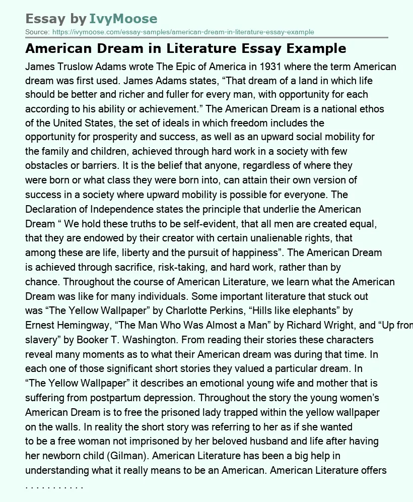 American Dream in Literature Essay Example