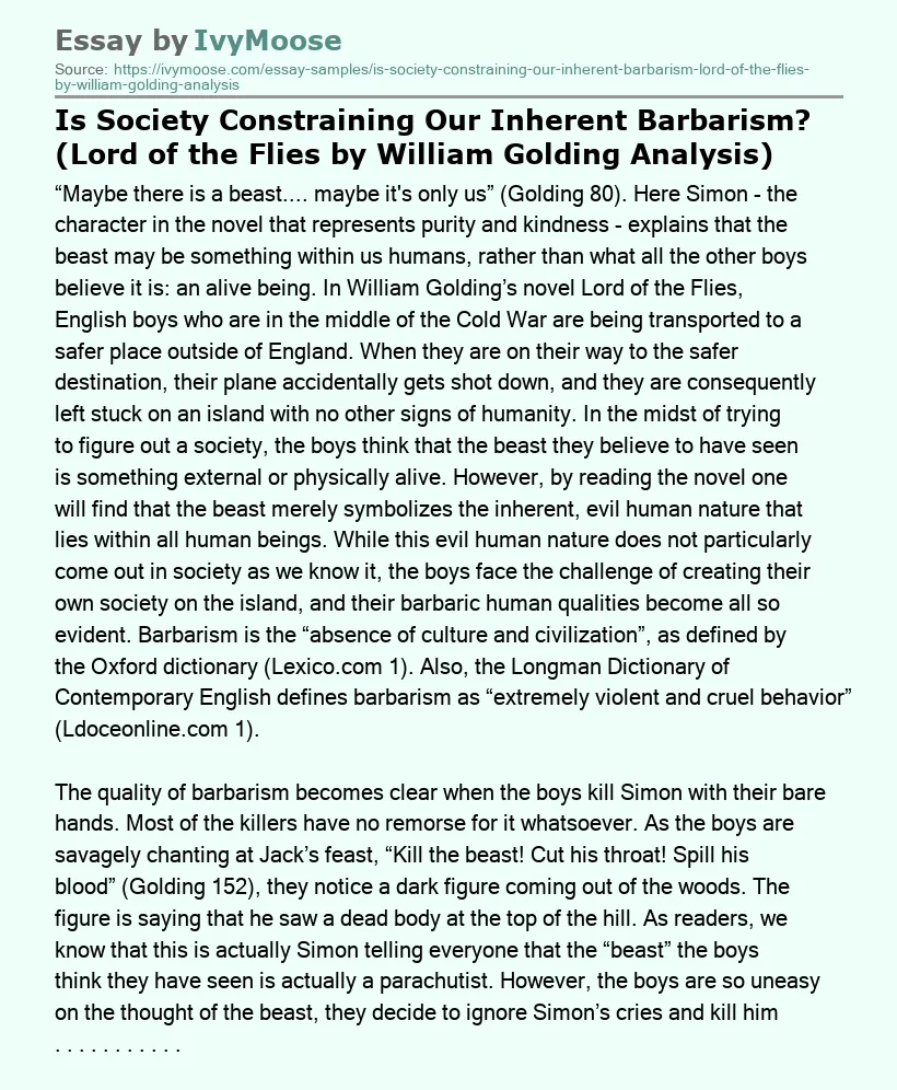 Is Society Constraining Our Inherent Barbarism? (Lord of the Flies by William Golding Analysis)