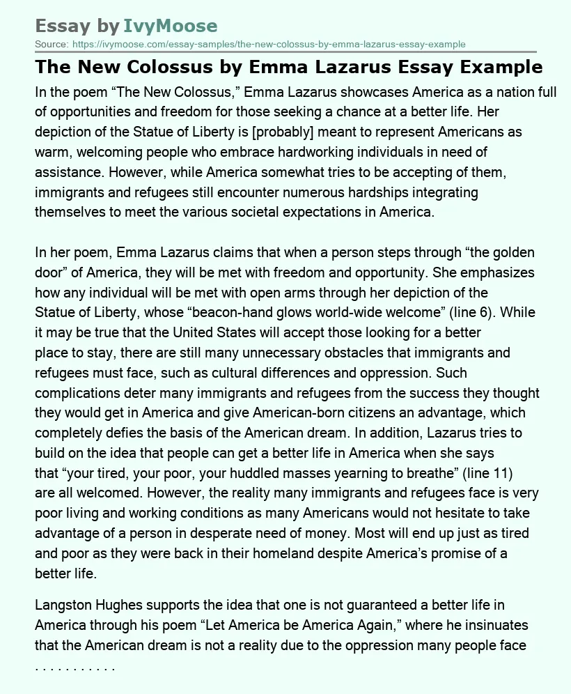 The New Colossus by Emma Lazarus Essay Example