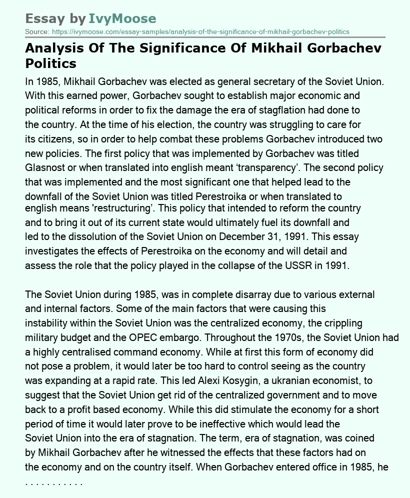 Analysis Of The Significance Of Mikhail Gorbachev Politics
