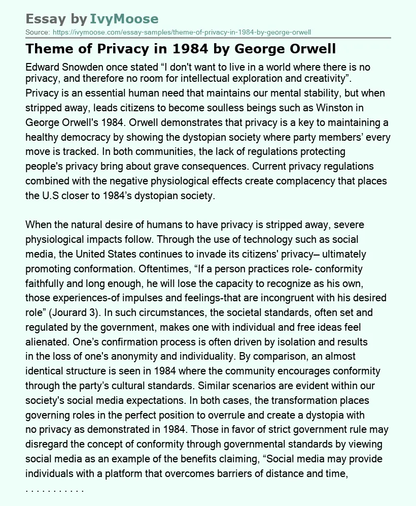 Theme of Privacy in 1984 by George Orwell