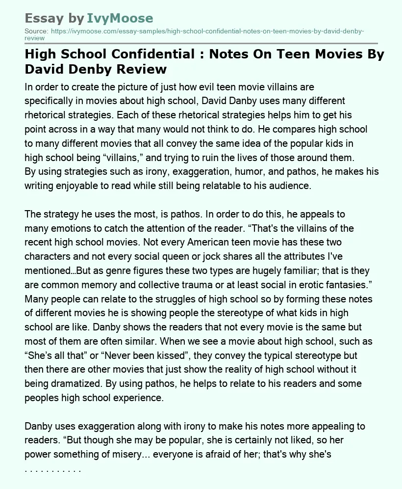 High School Confidential : Notes On Teen Movies By David Denby Review