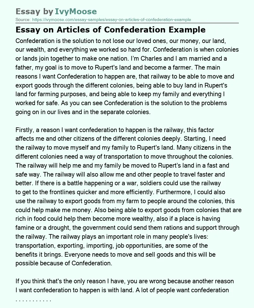 Essay on Articles of Confederation Example