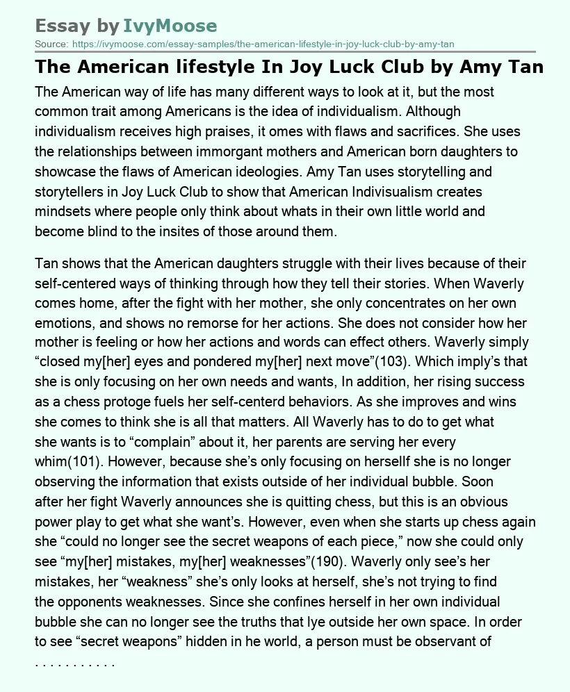 The American lifestyle In Joy Luck Club by Amy Tan