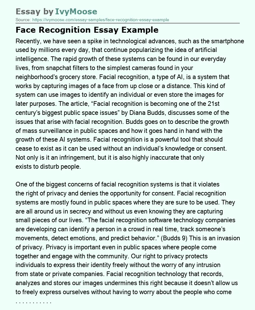 Face Recognition Essay Example