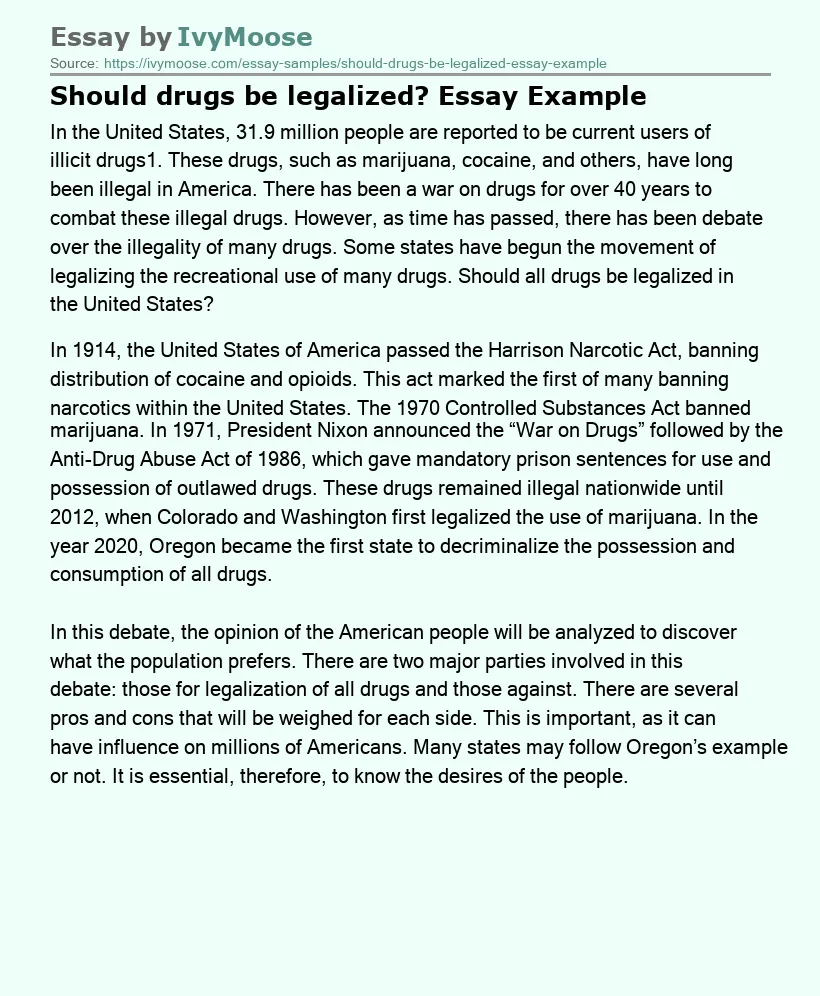 Should drugs be legalized? Essay Example