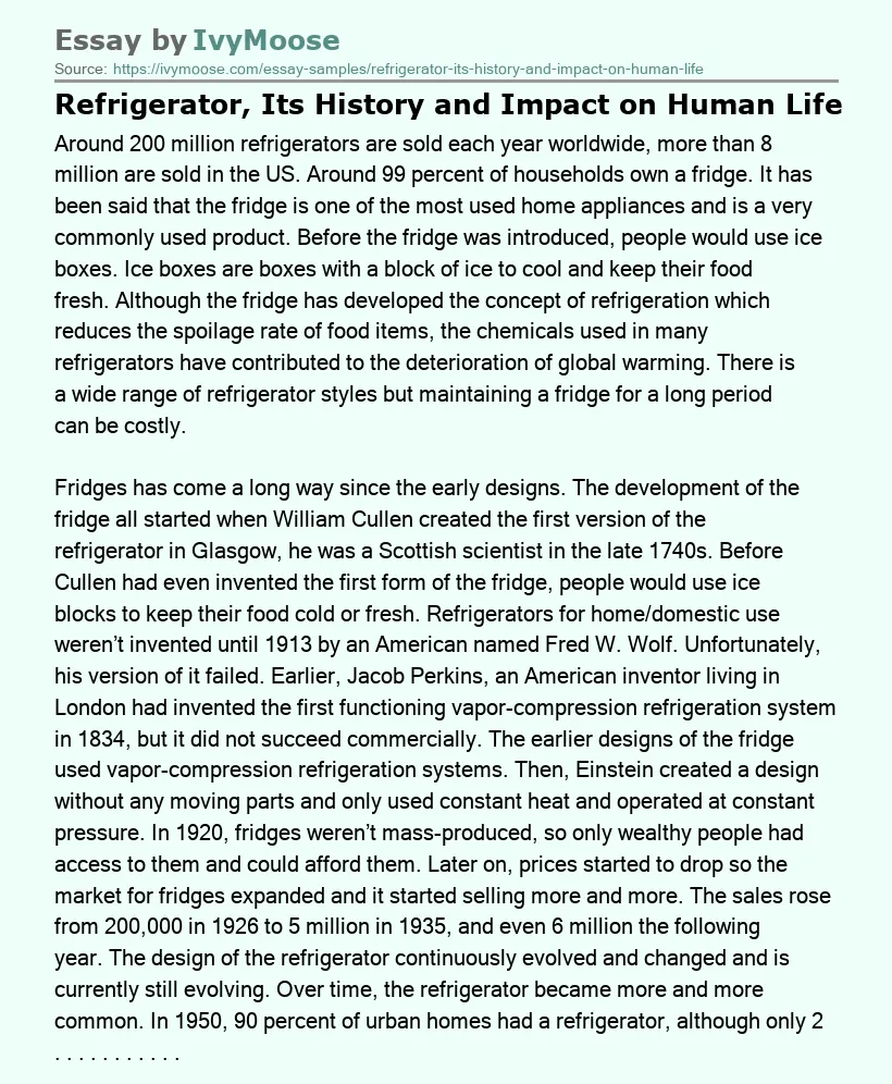 Refrigerator, Its History and Impact on Human Life
