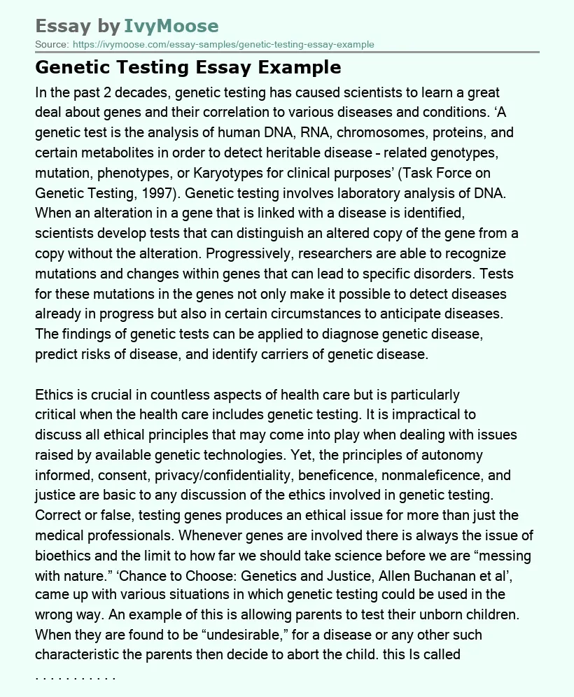 Genetic Testing Essay Example