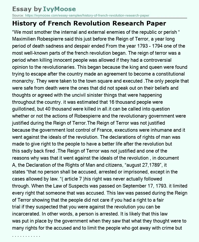 History of French Revolution Research Paper