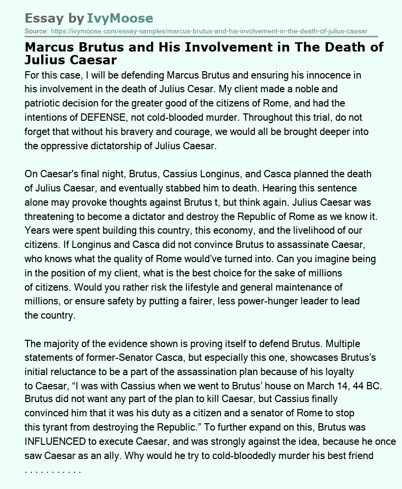 Marcus Brutus and His Involvement in The Death of Julius Caesar