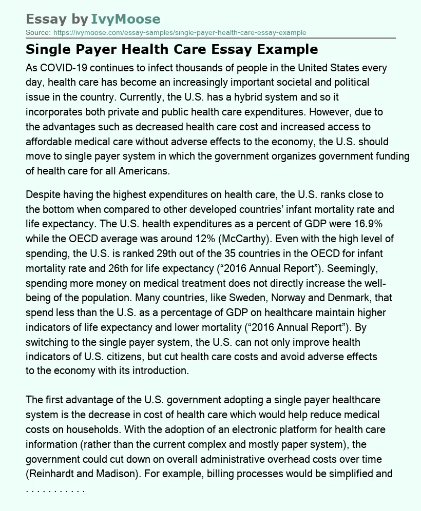 Single Payer Health Care Essay Example
