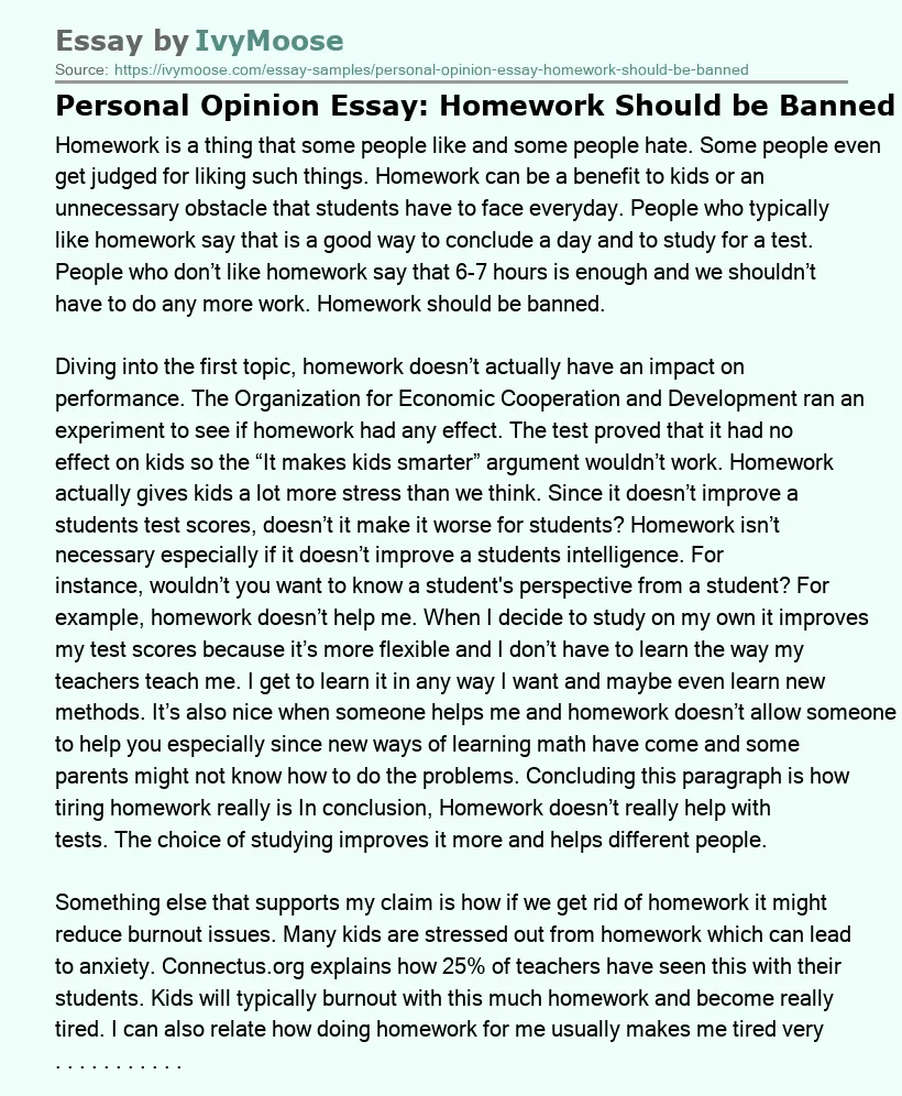 Personal Opinion Essay: Homework Should be Banned