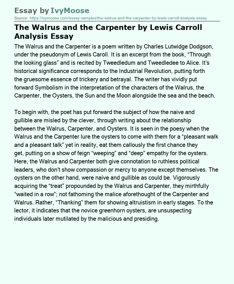 The Walrus and the Carpenter by Lewis Carroll Analysis Essay