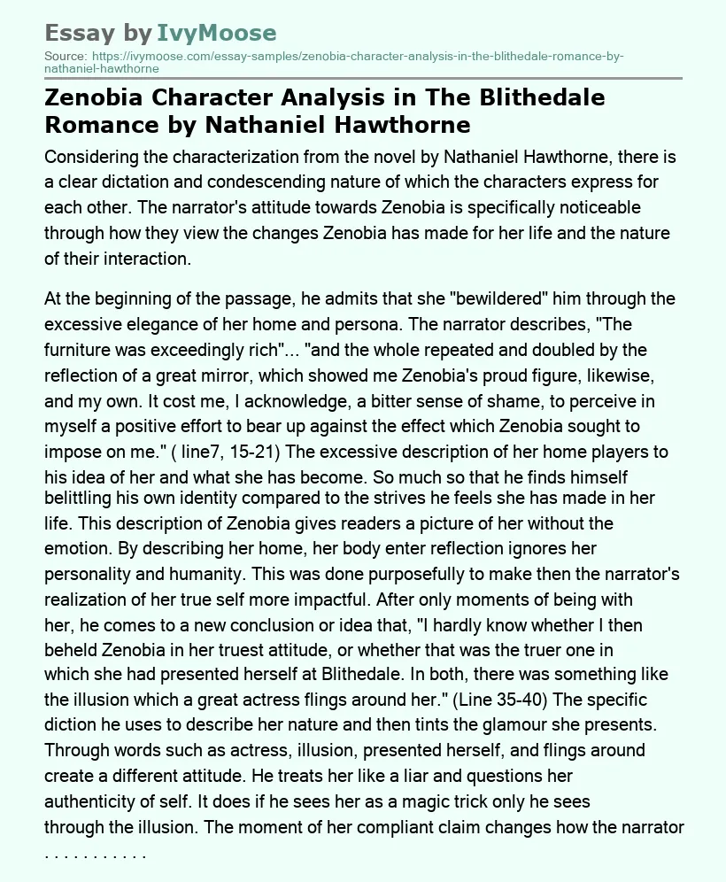 Zenobia Character Analysis in The Blithedale Romance by Nathaniel Hawthorne