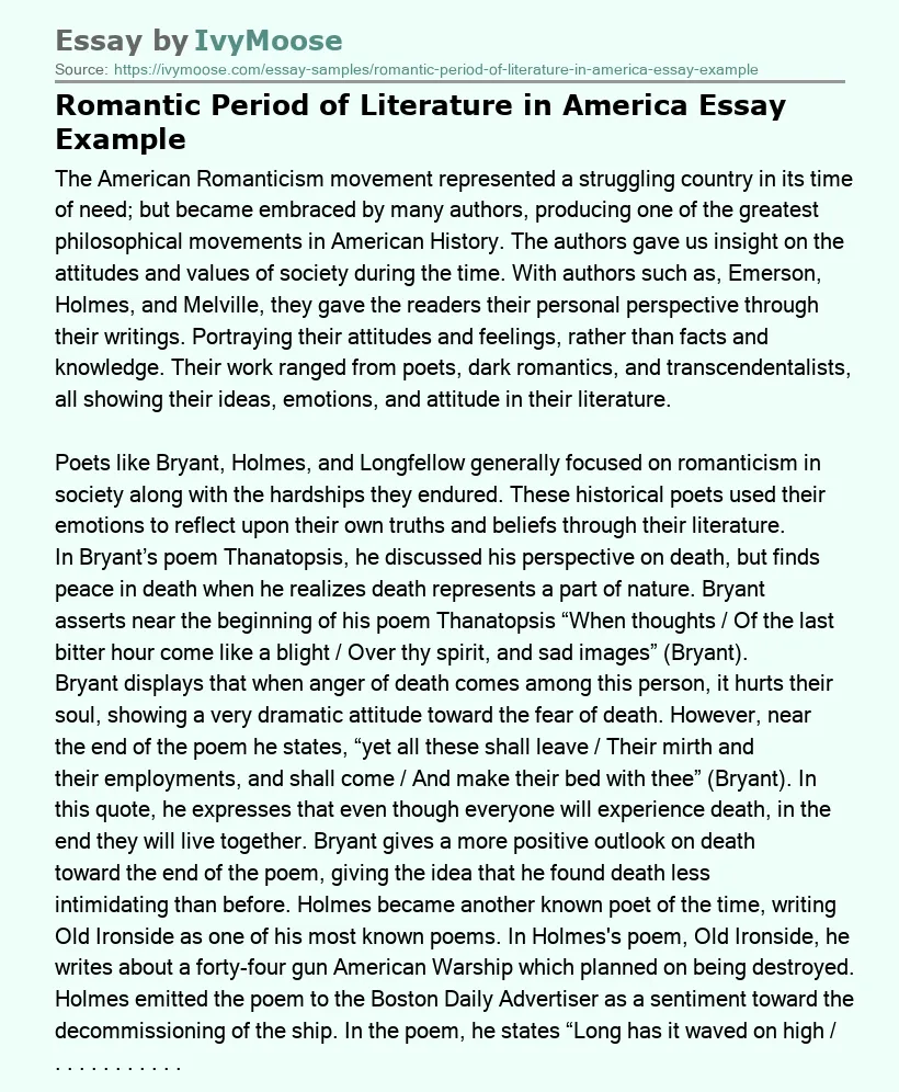 Romantic Period of Literature in America Essay Example