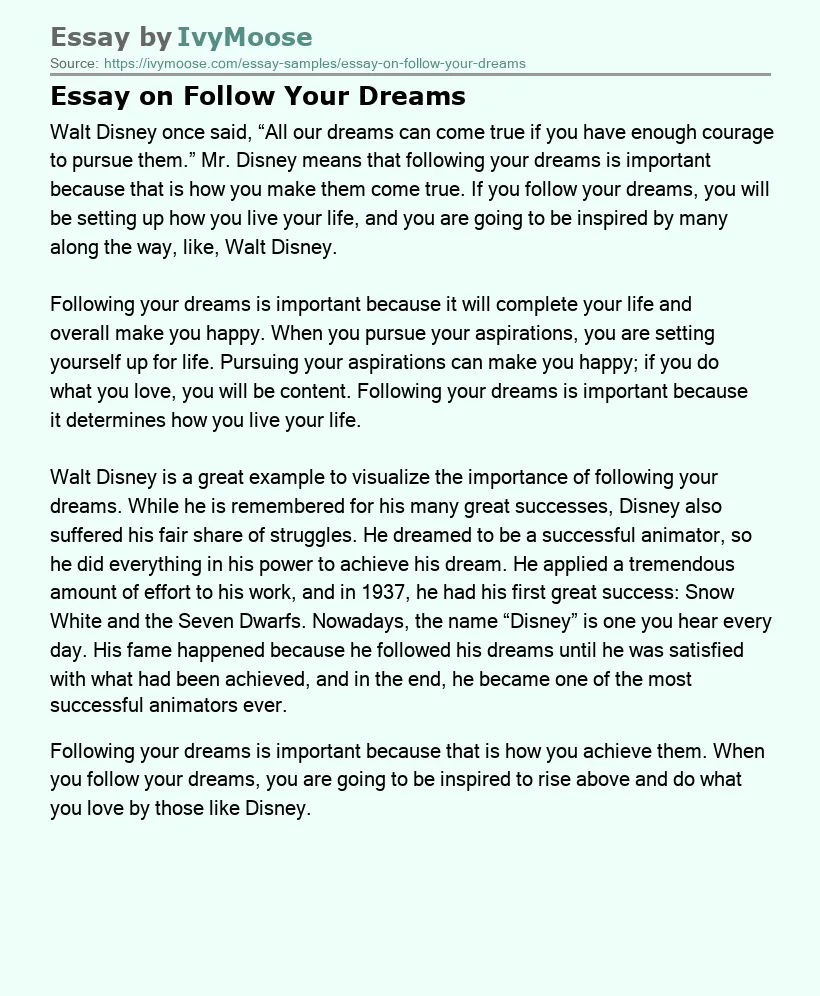 Essay on Follow Your Dreams