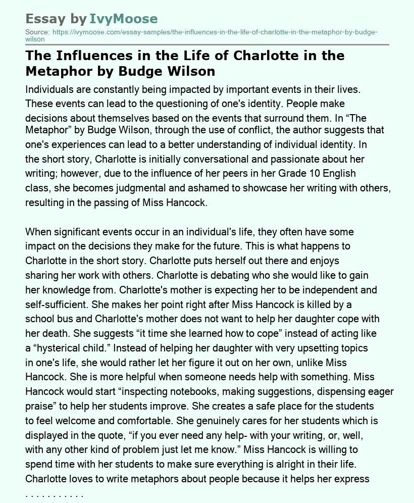 The Influences in the Life of Charlotte in the Metaphor by Budge Wilson
