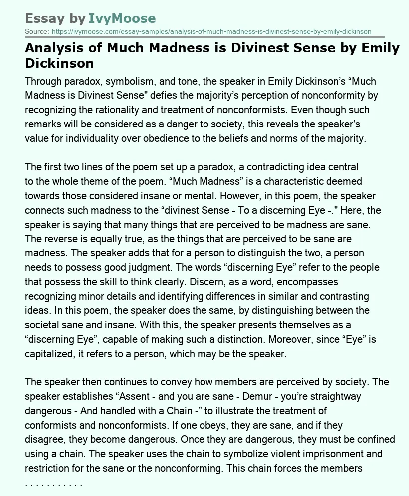 Analysis of Much Madness is Divinest Sense by Emily Dickinson
