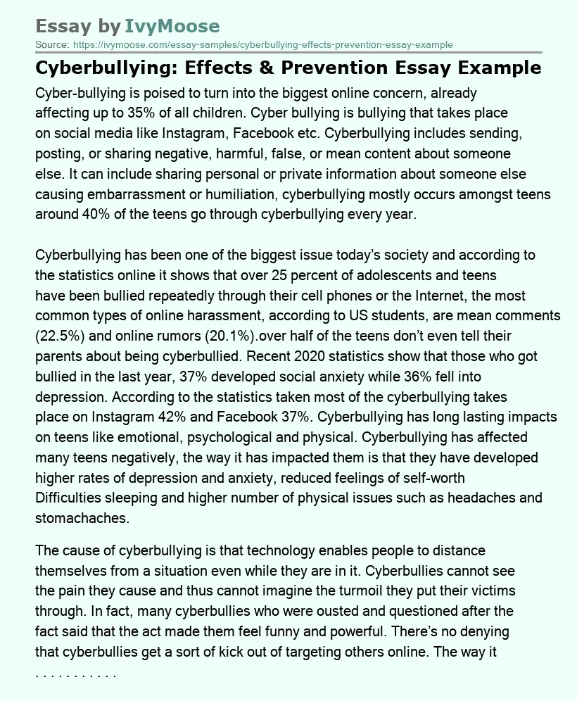 Cyberbullying: Effects & Prevention Essay Example
