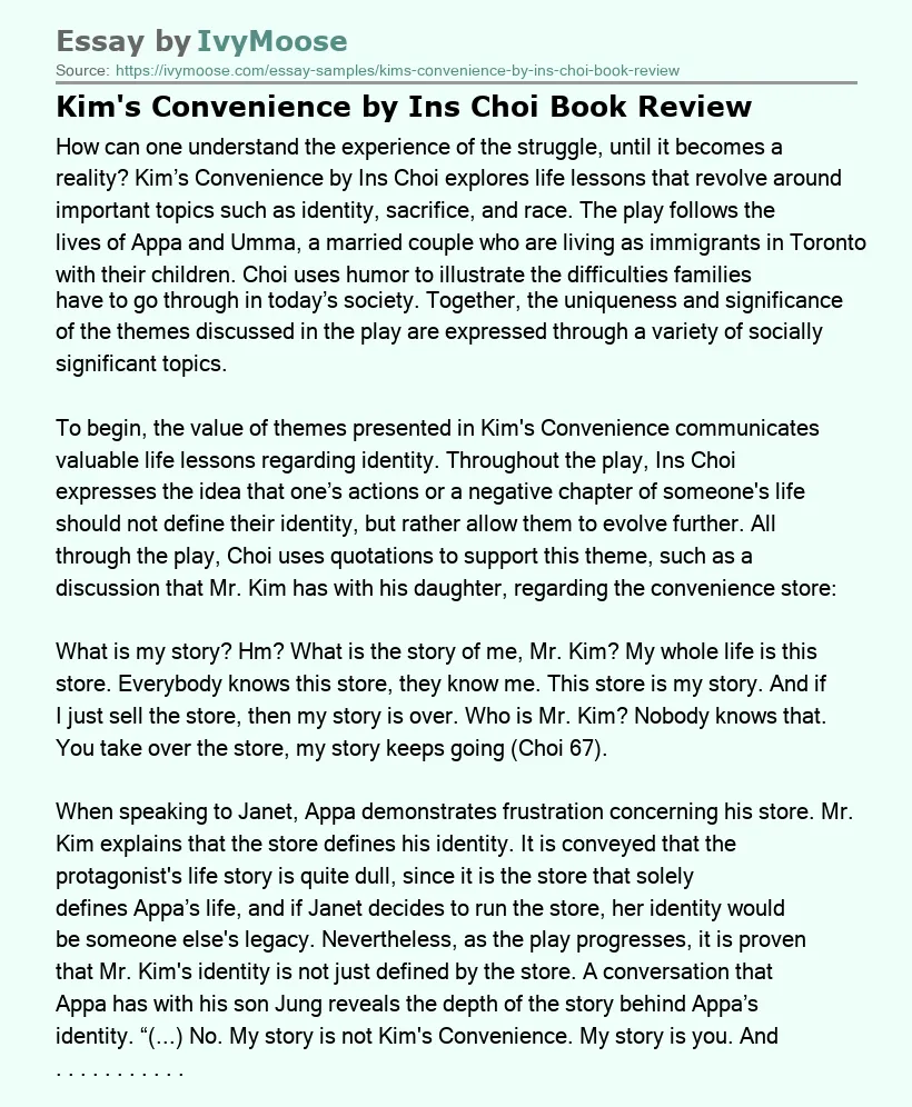 Kim's Convenience by Ins Choi Book Review