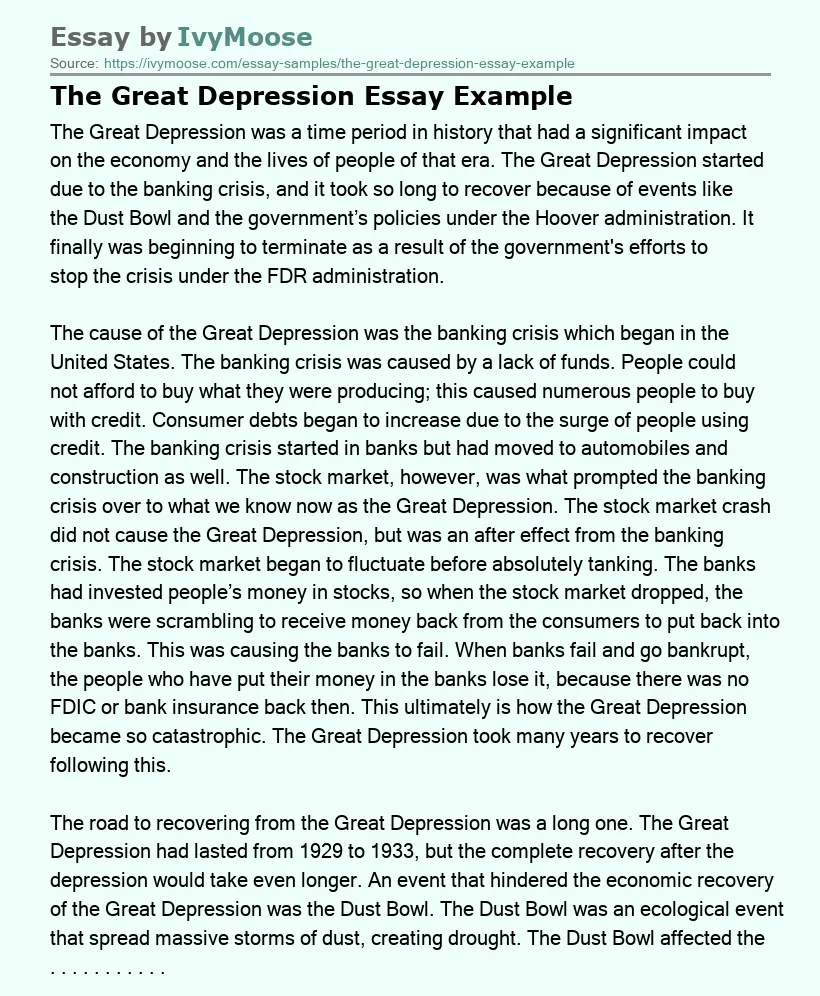The Great Depression Essay Example