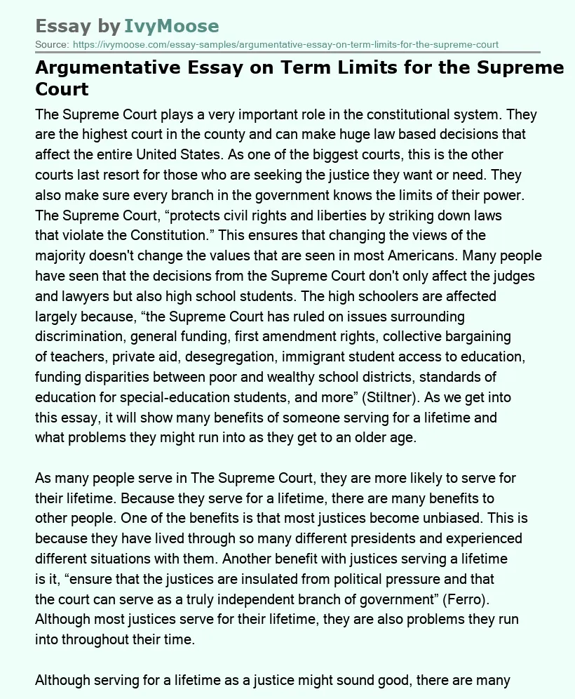Argumentative Essay on Term Limits for the Supreme Court
