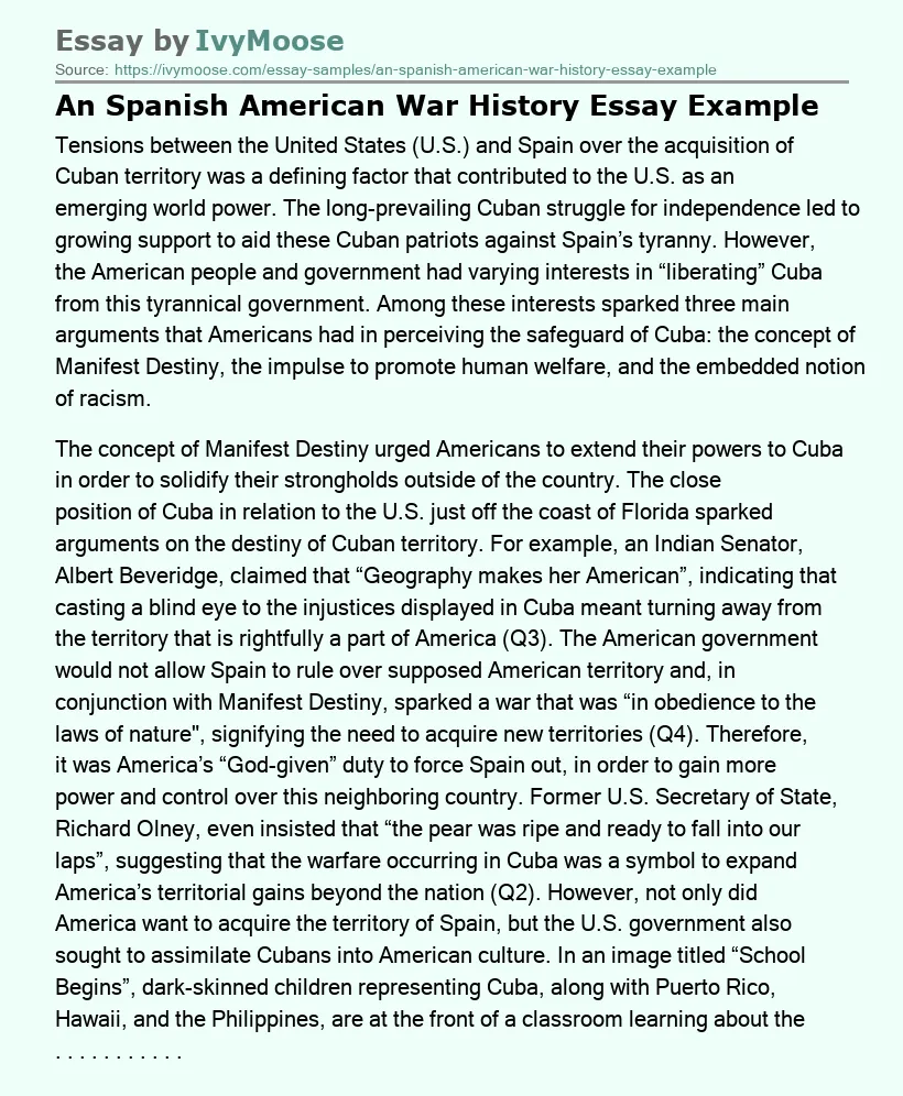 An Spanish American War History Essay Example